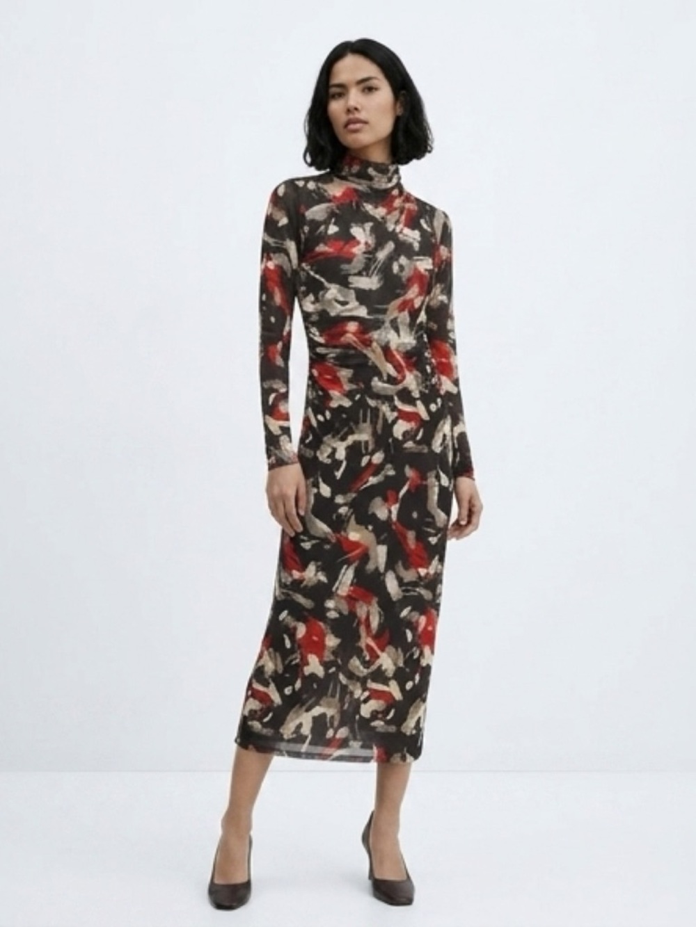 Long Sleeve Turtleneck Abstract Print Dress in Black, Red & White